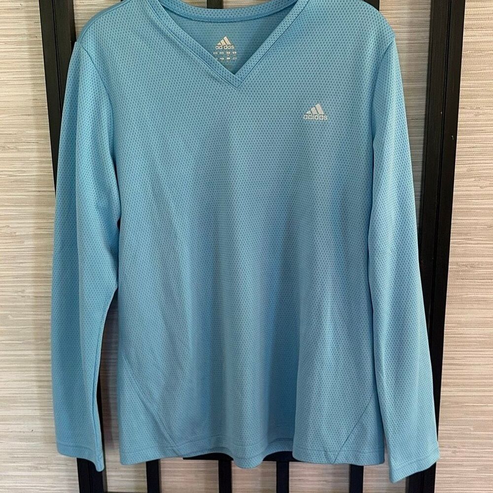 Adidas light blue, long sleeve V-neck top shirt, athletic shirt size L